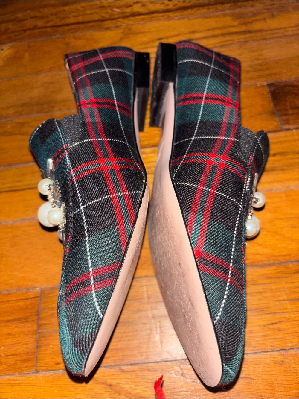 J. Crew Green and Red Plaid Pearl-Embellished Loafers - Picture 2 of 4